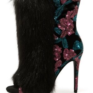 Bestie Black faux fur stiletto boot with pink & teal sequin floral sparkle